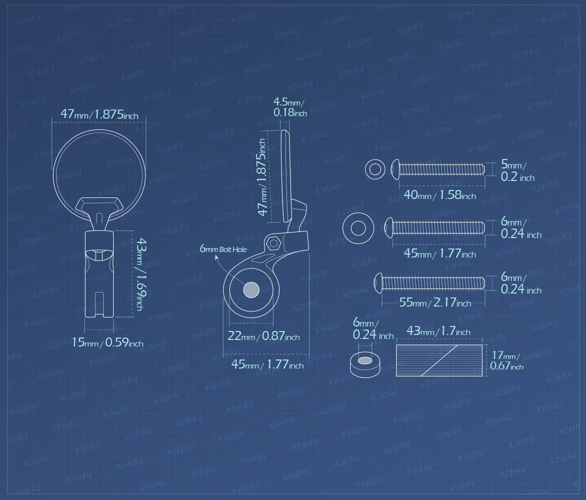 Measurement of KiWAV motorcycle bar end mirrors Orbix a piece compatible for Triumph air-cooled models
