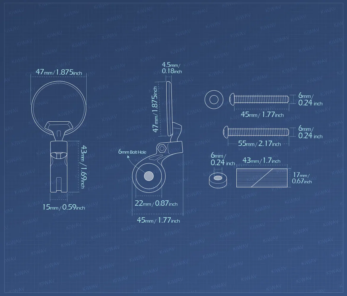Measurement of KiWAV motorcycle bar end mirror Orbix a piece for M6 threaded handlebars