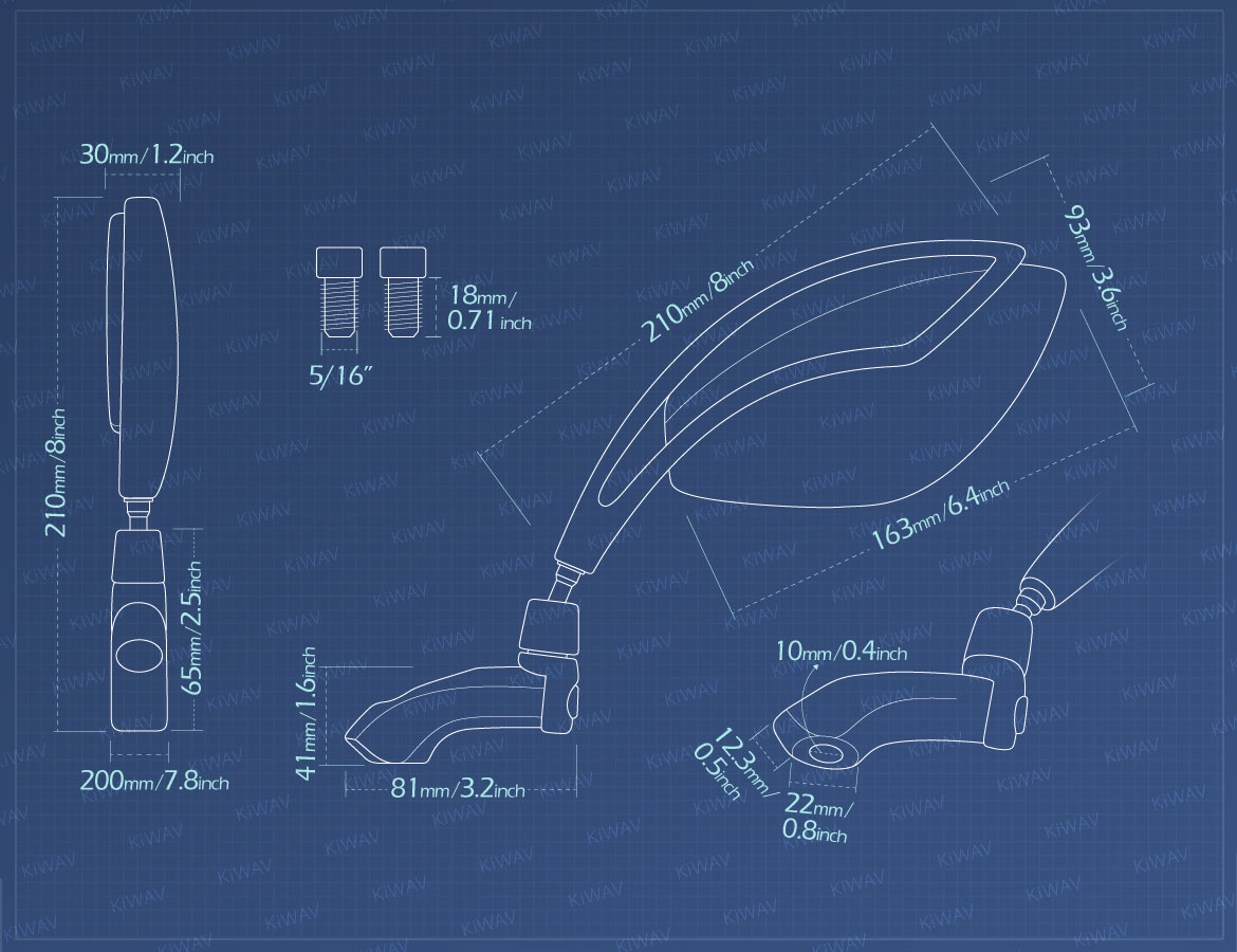 Measurement of KiWAV motorcycle foldable mirrors Orca for Harley Davidson Street 500/750