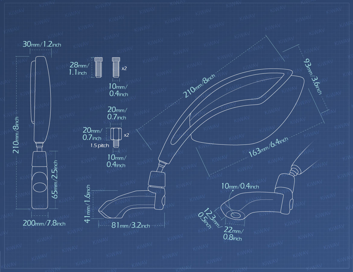 Measurement of KiWAV motorcycle mirrors Orca for 10mm 1.5 pitch BMW