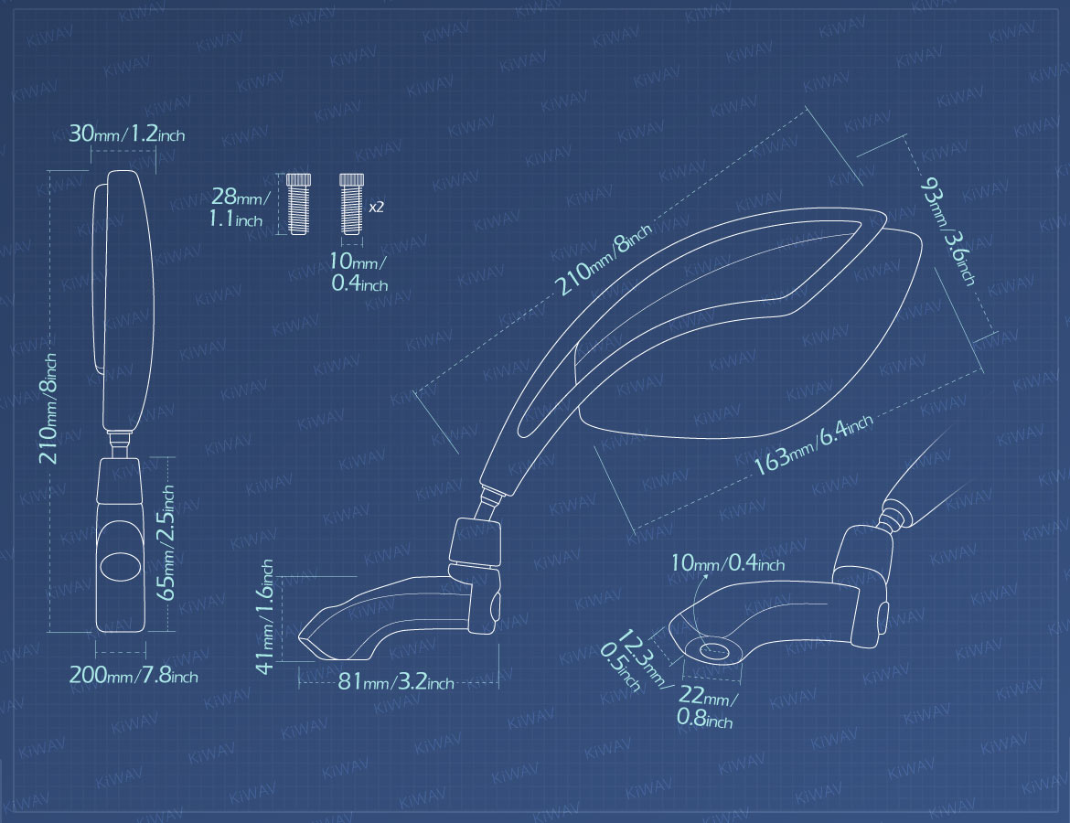 Measurement of KiWAV motorcycle mirrors Orca 10mm universal