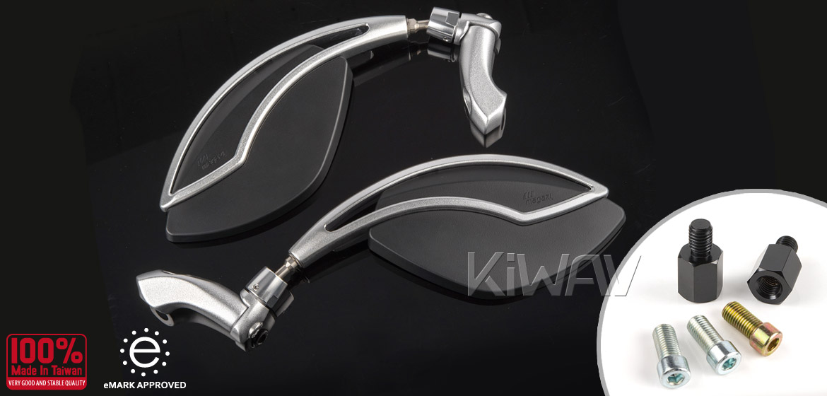 KiWAV motorcycle mirrors Orca silver & black 10mm universal Magazi