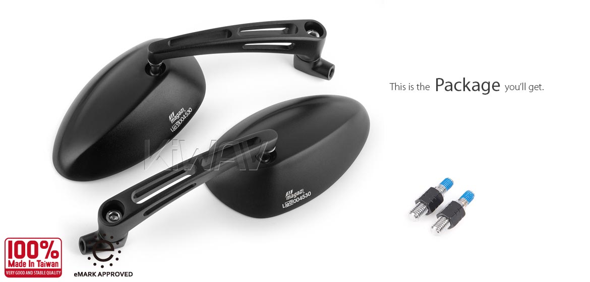 BMWに対応: バイクミラー オーバル 黒 スロット付き柄 M10 1.5ピッチ