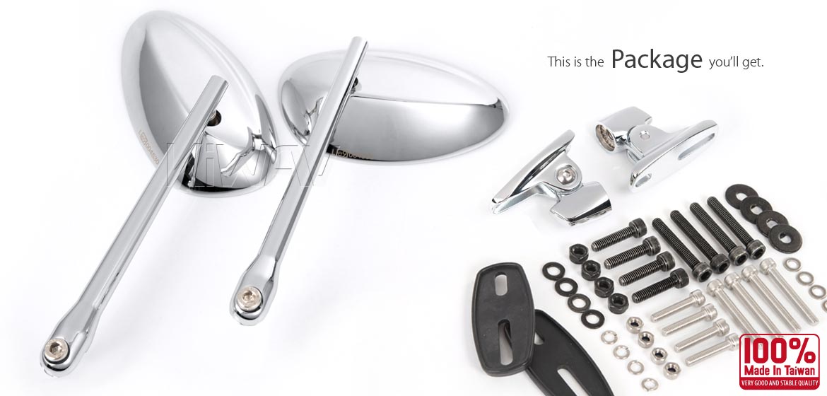KiWAV motorcycle mirrors OvalII chrome fairing mount w/ new ver. chrome adapter