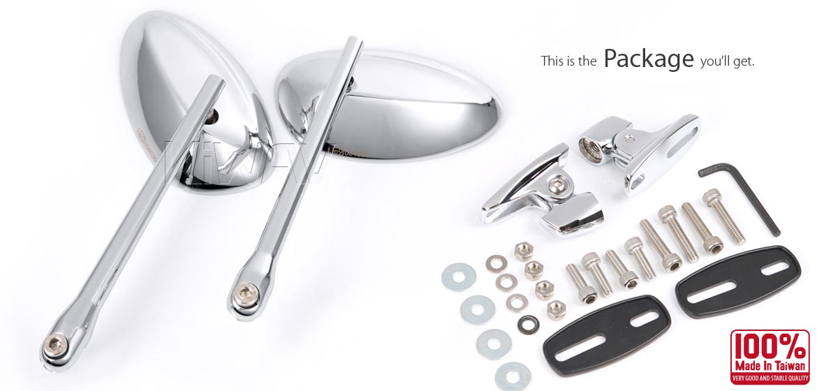 KiWAV motorcycle mirrors OvalII chrome fairing mount w/ new ver. chrome adapter