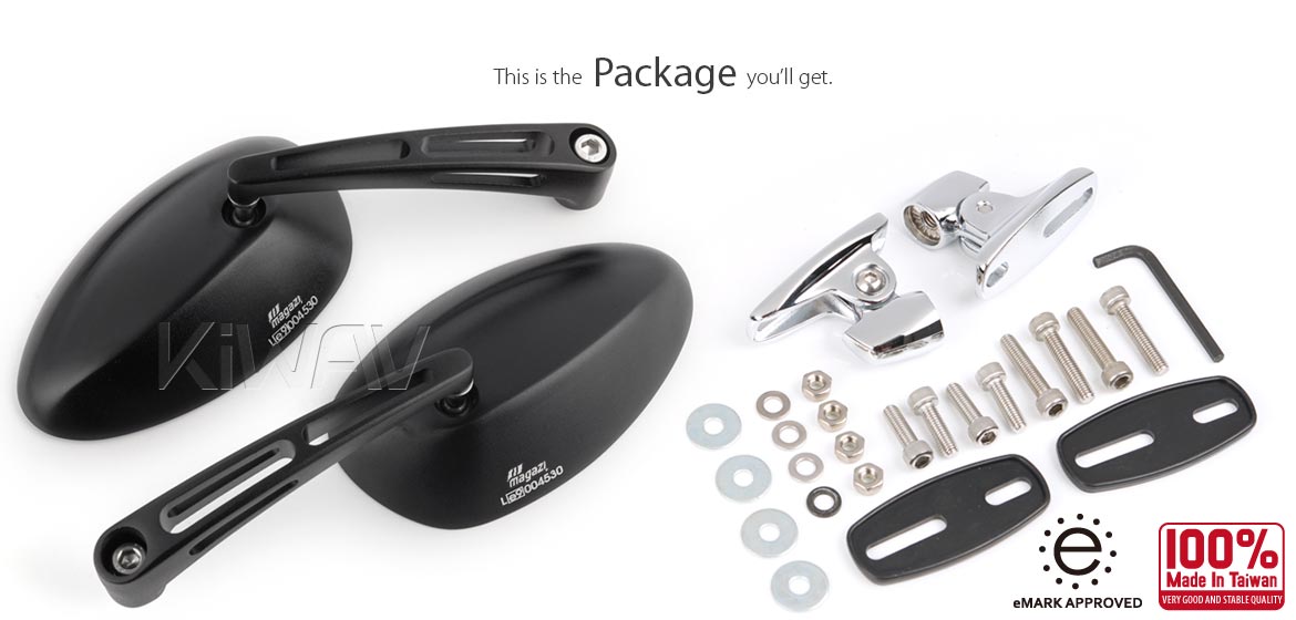 KiWAV motorcycle OvalMX black mirrors with chrome base for sportsbike for sportsbike