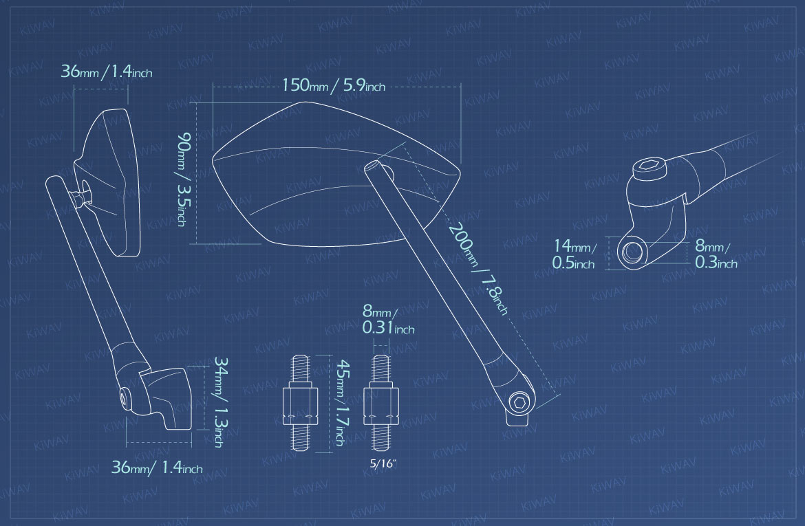Measurement of KiWAV motorcycle mirrors PalmII for Harley Davidson Street 500/750