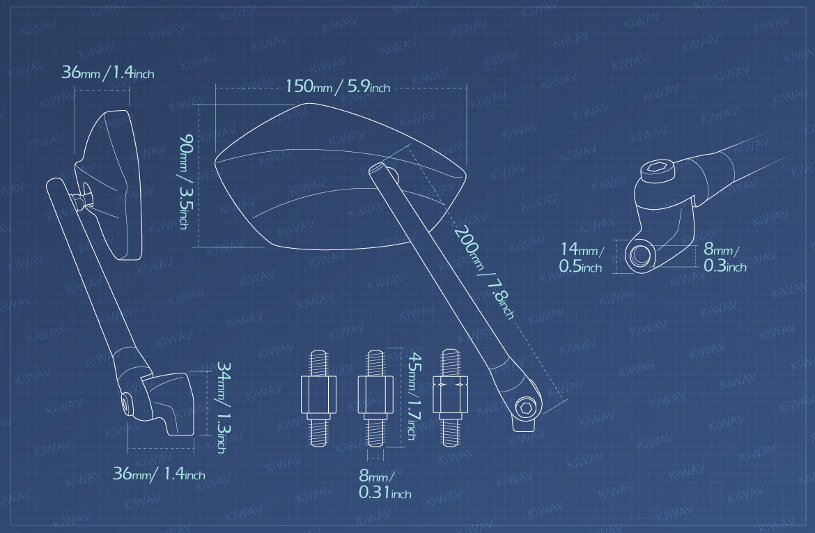 Measurement of KiWAV motorcycle mirrors PalmII 8mm for scooter