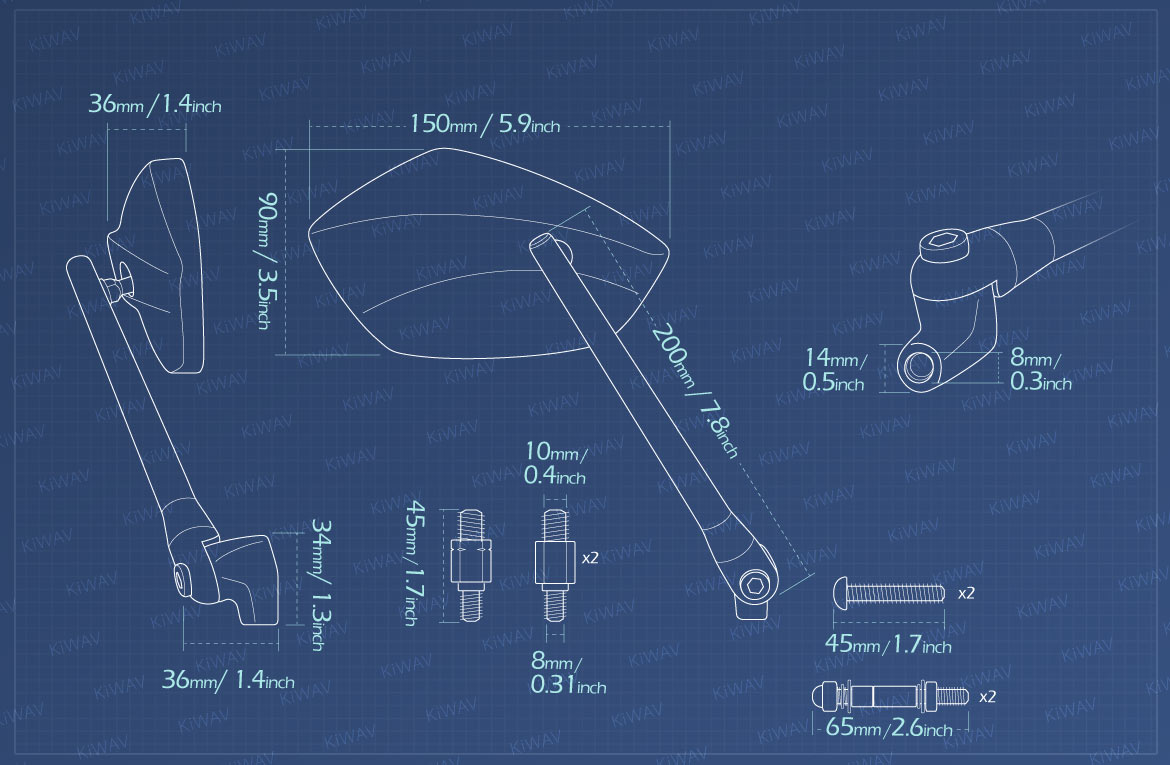 Measurement of KiWAV motorcycle mirrors PalmII universal fit