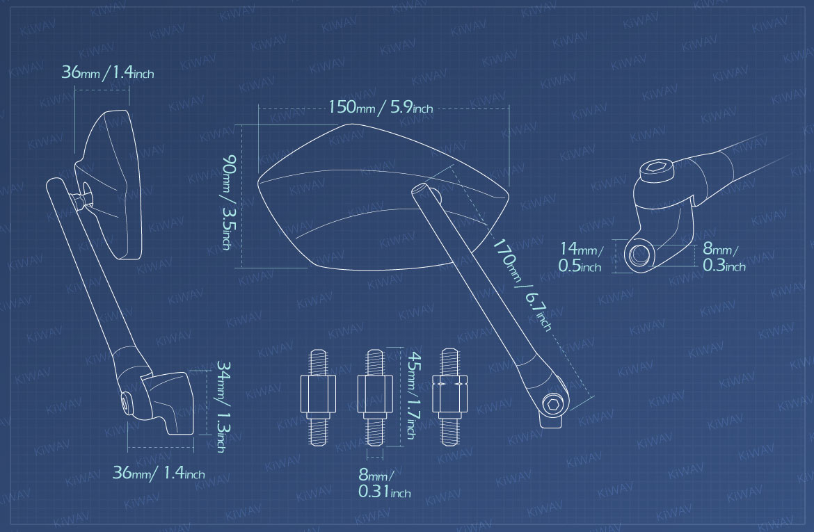 Measurement of KiWAV motorcycle mirrors PalmII black 8mm for scooter