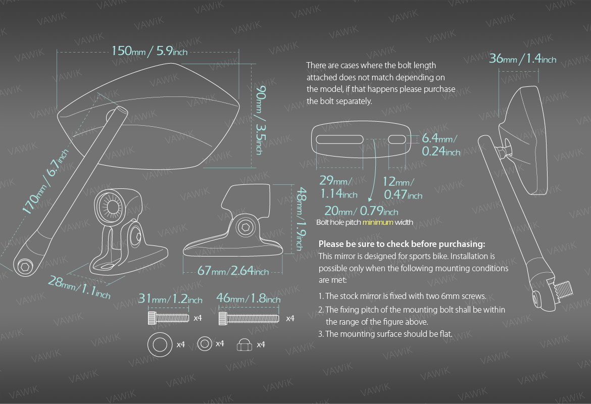 Measurement of VAWiK motorcycle mirrors PalmII black fairing mount
