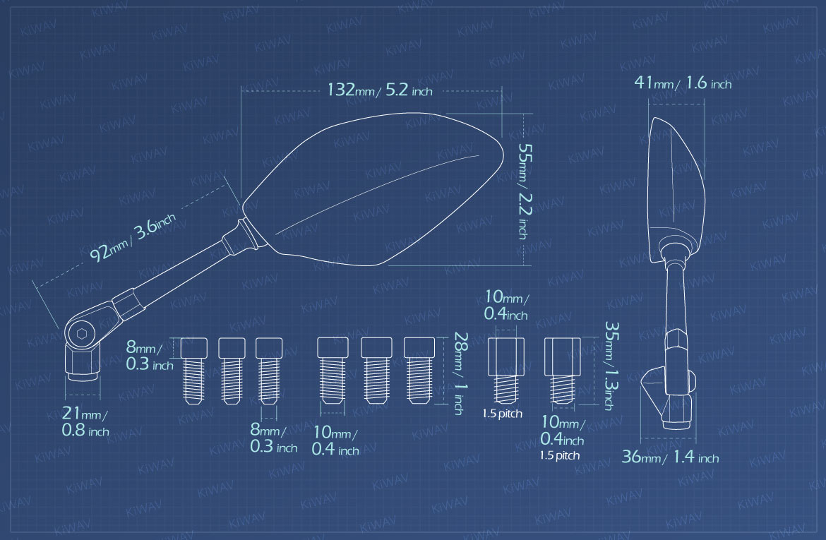 Measurement of KiWAV motorcycle mirrors Panther Metric 10mm 1.5pitch for BMW bikes