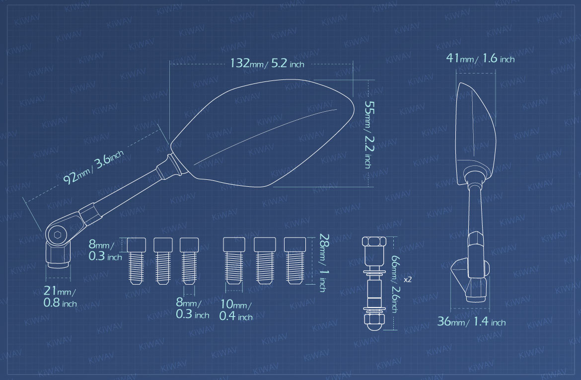 Measurement of KiWAV motorcycle mirrors Panther Metric for Harley