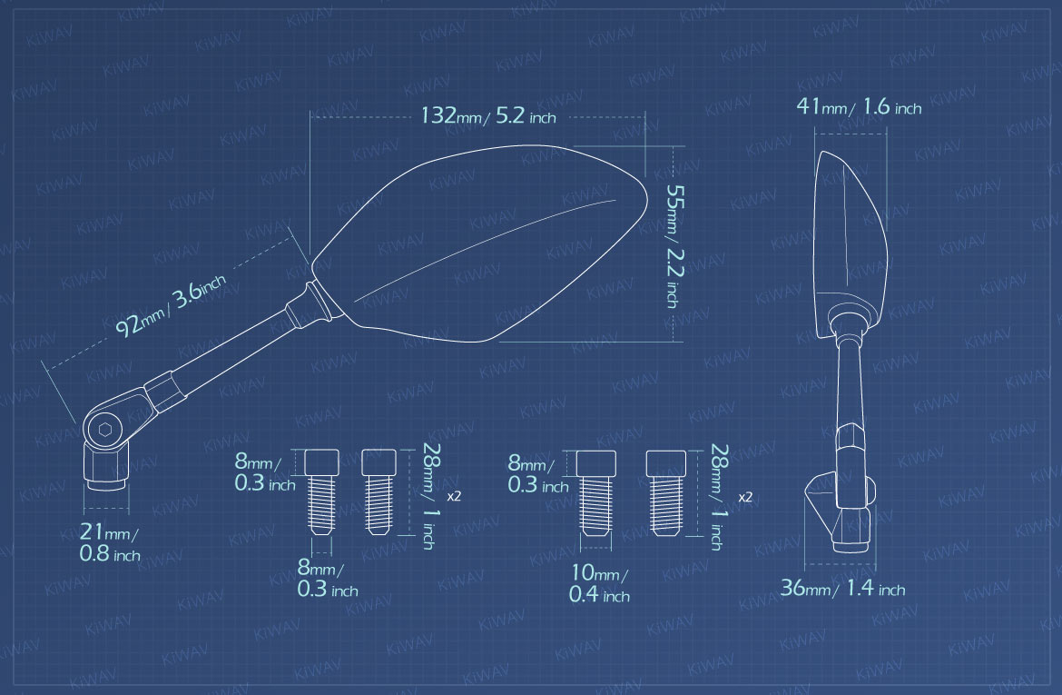Measurement of KiWAV motorcycle mirrors Panther Metric 10M/8M bikes