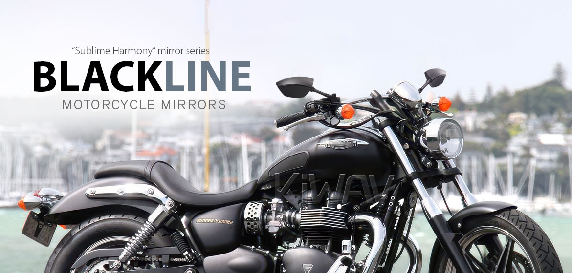 KiWAV Blackline motorcycle mirrors compatible with Triumph 25mm handlebar and go-through mounts