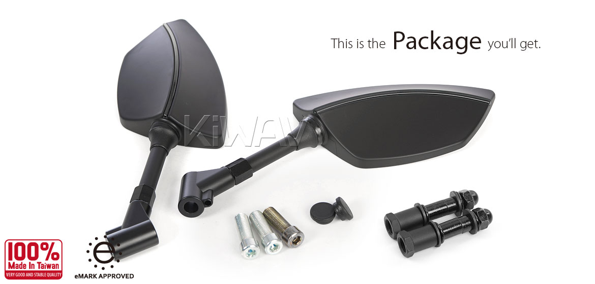 KiWAV Blackline motorcycle mirrors compatible with Triumph 25mm handlebar and go-through mounts