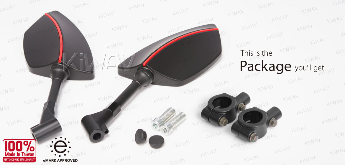 KiWAV ATV rear view mirrors Redline black for 7/8 inch handlebar mount with black aluminum clips