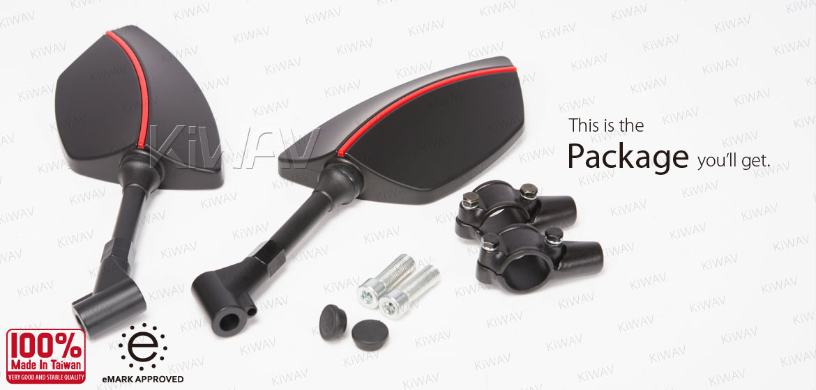 KiWAV ATV rear view mirrors Redline black for 7/8 inch handlebar mount with black aluminum clips