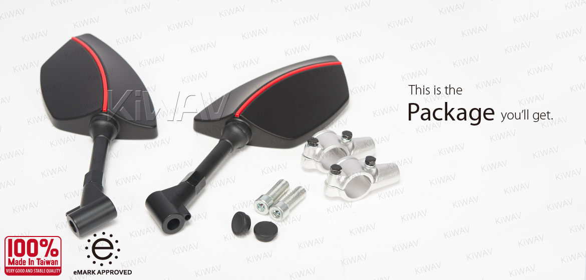 KiWAV ATV rear view mirrors Redline silver for 7/8 inch handlebar mount with silver aluminum clips