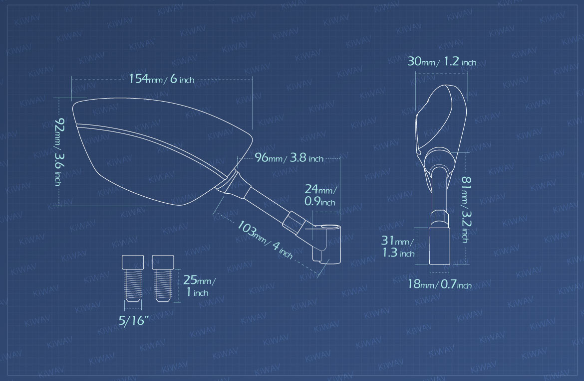 Measurement of KiWAV motorcycle mirrors Blackline for Harley Davidson Street 500/750