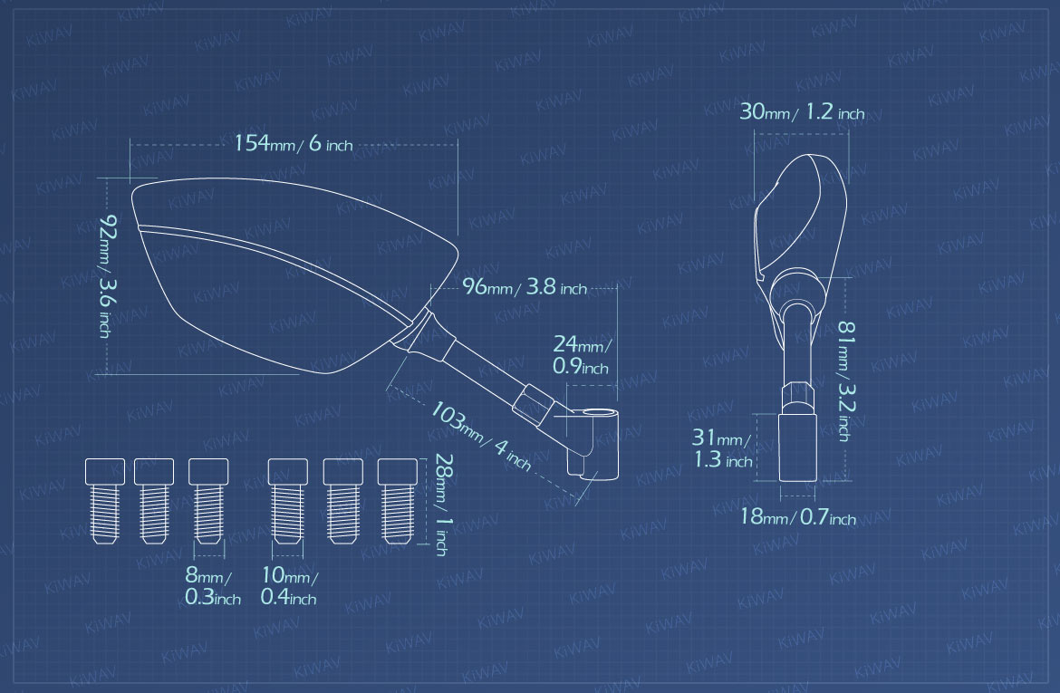 Measurement of KiWAV motorcycle mirrors Redline for scooter 8mm Magazi