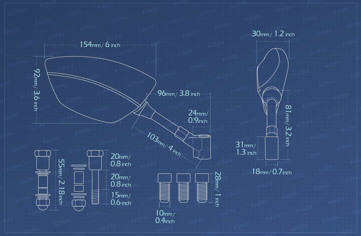 Measurement of KiWAV motorcycle mirrors Blackline for Triumph 25mm handlebar and go-through mounts