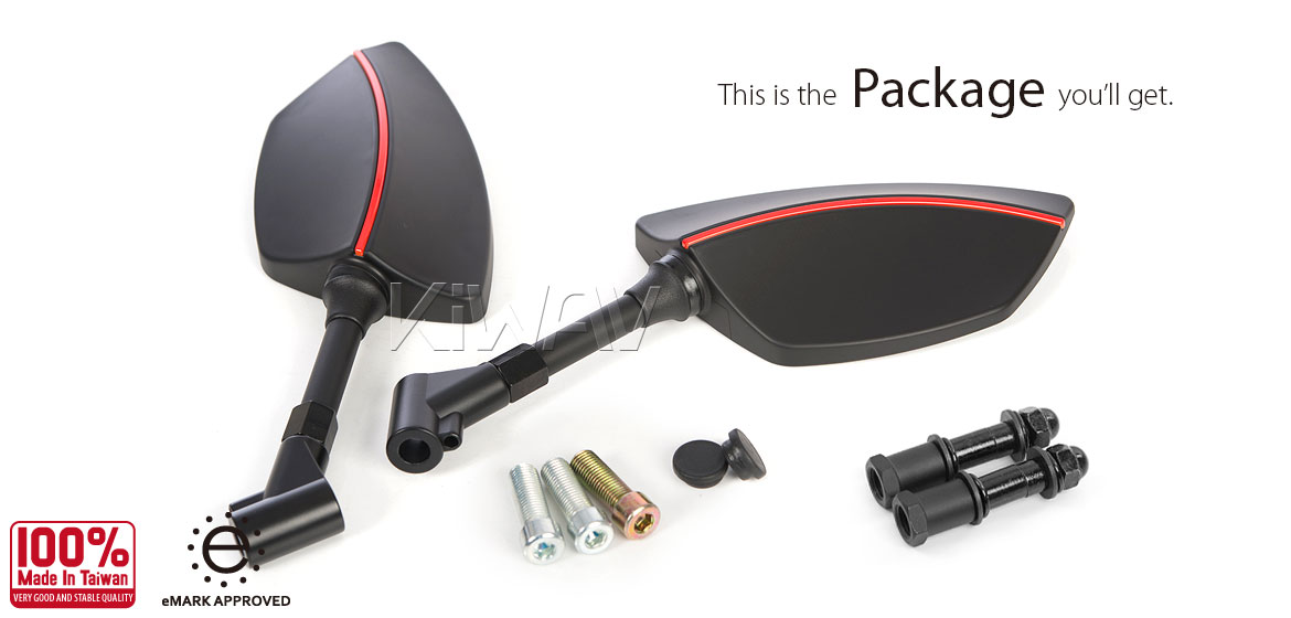 KiWAV Redline motorcycle mirrors for Triumph 25mm handlebar and go-through mounts