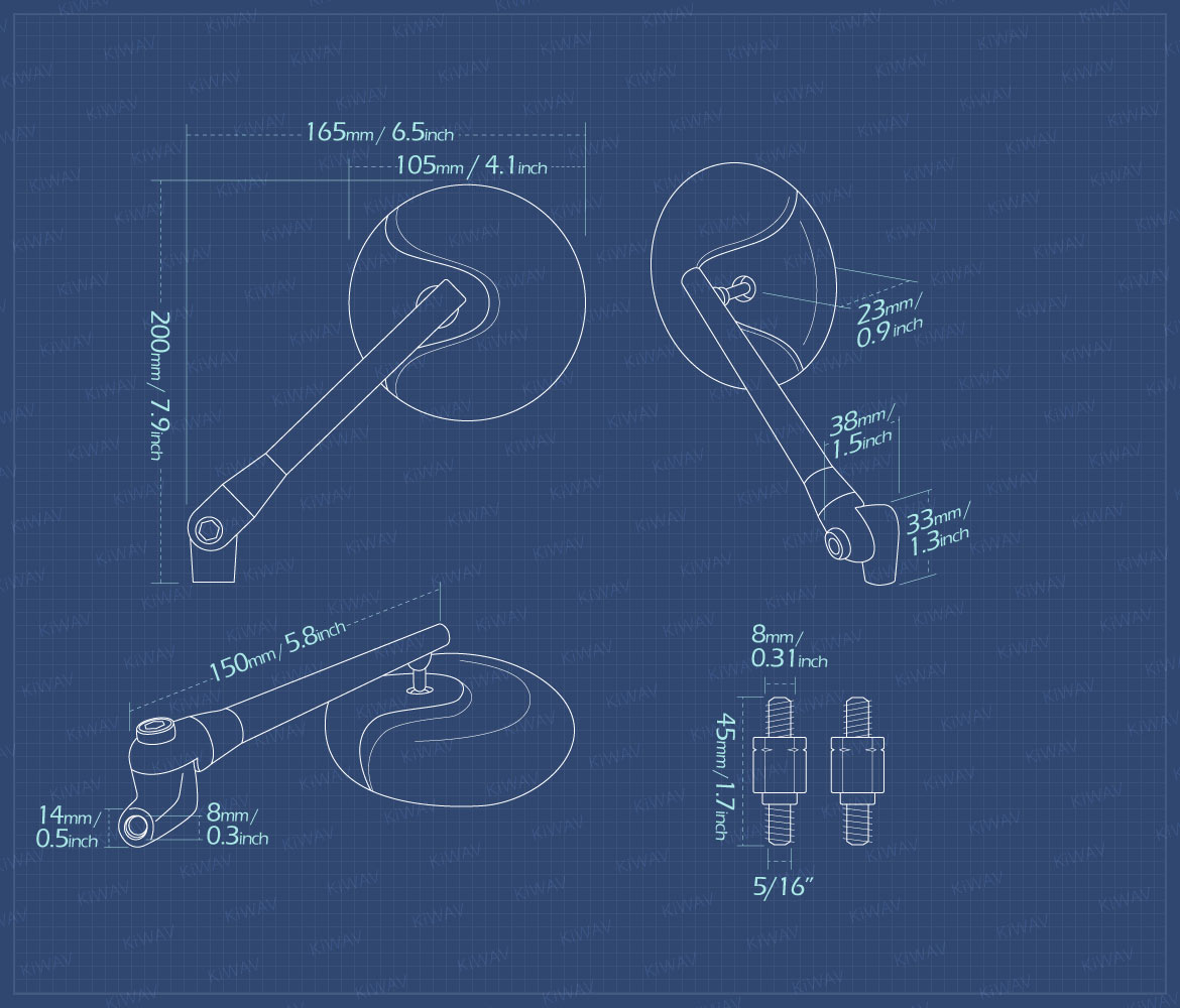 Measurement of KiWAV Retro motorcycle mirrors compatible with Harley Davidson Street 500/750