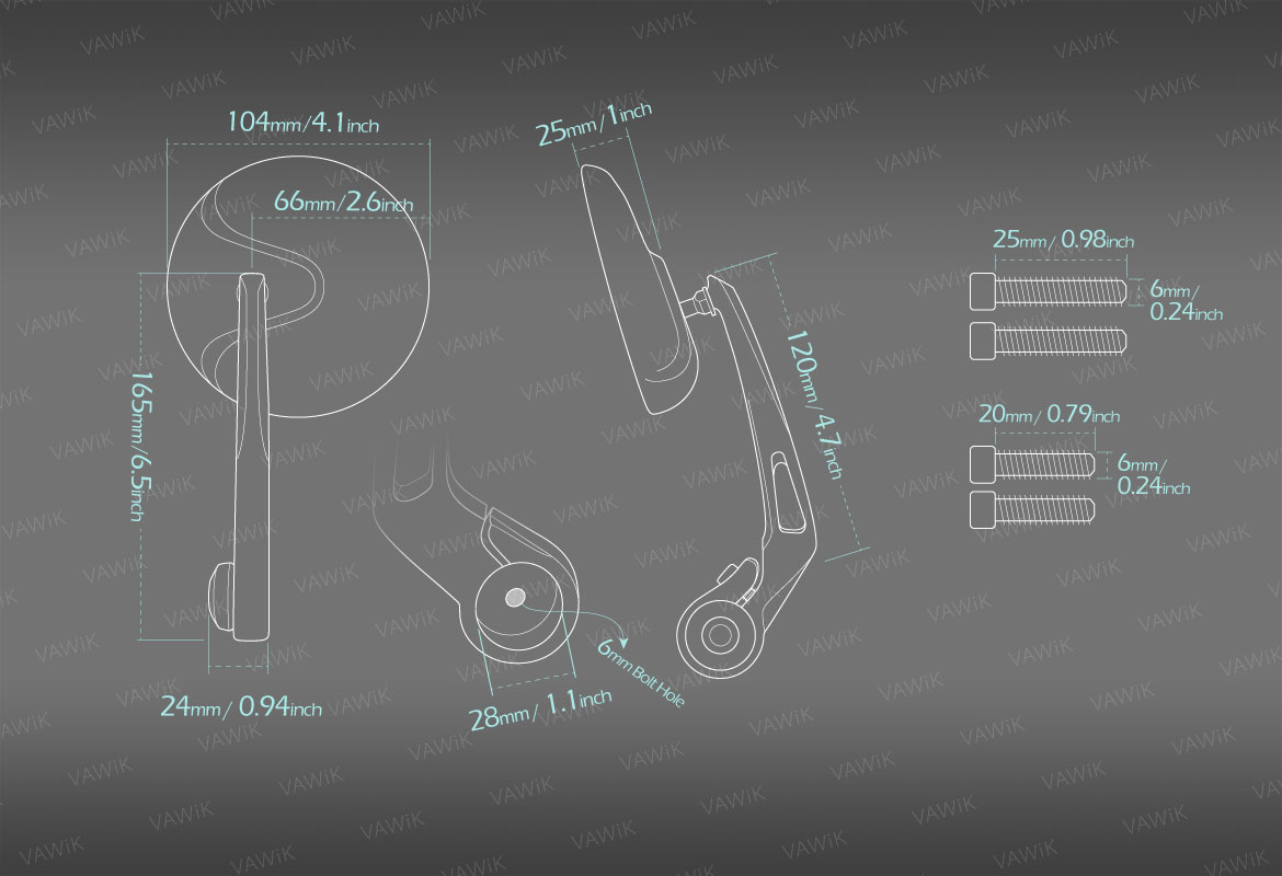 Measurement of VAWiK Retro motorcycle bar end mirrors