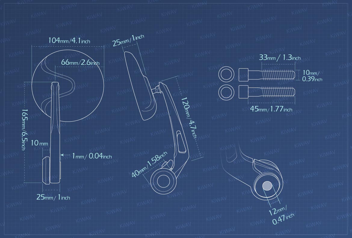 Measurement of KiWAV Retro motorcycle bar end mirrors compatible for BMW M10 threaded handlebar