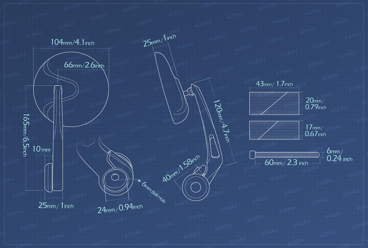 Measurement of KiWAV Retro motorcycle bar end mirrors for 1 inch hollow ended handlebars