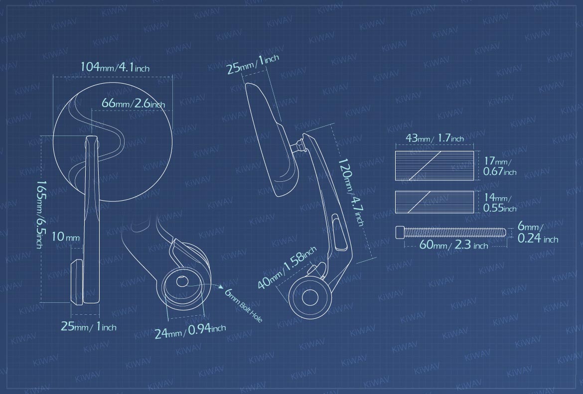 Measurement of KiWAV Retro motorcycle bar end mirrors for 7/8 inch hollow ended handlebars