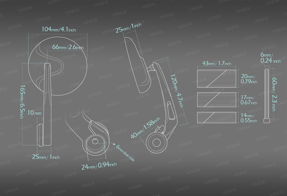 Measurement of VAWiK Retro motorcycle bar end mirrors for 1 inch and 7/8 inch hollow ended handlebars