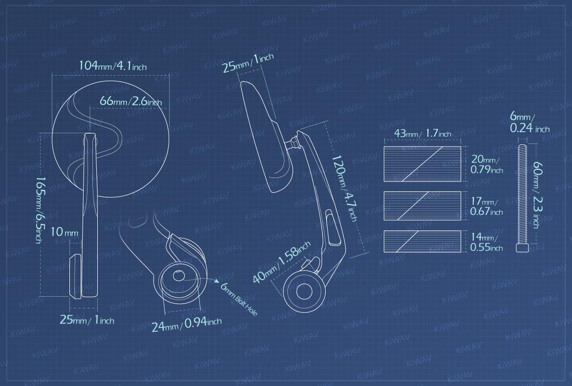 Measurement of KiWAV Retro motorcycle bar end mirrors for 1 inch and 7/8 inch hollow ended handlebars