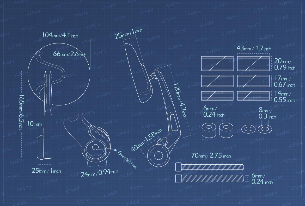 Measurement of KiWAV Retro motorcycle bar end mirrors compatible for Harley Sportster Dyna Softail XG street