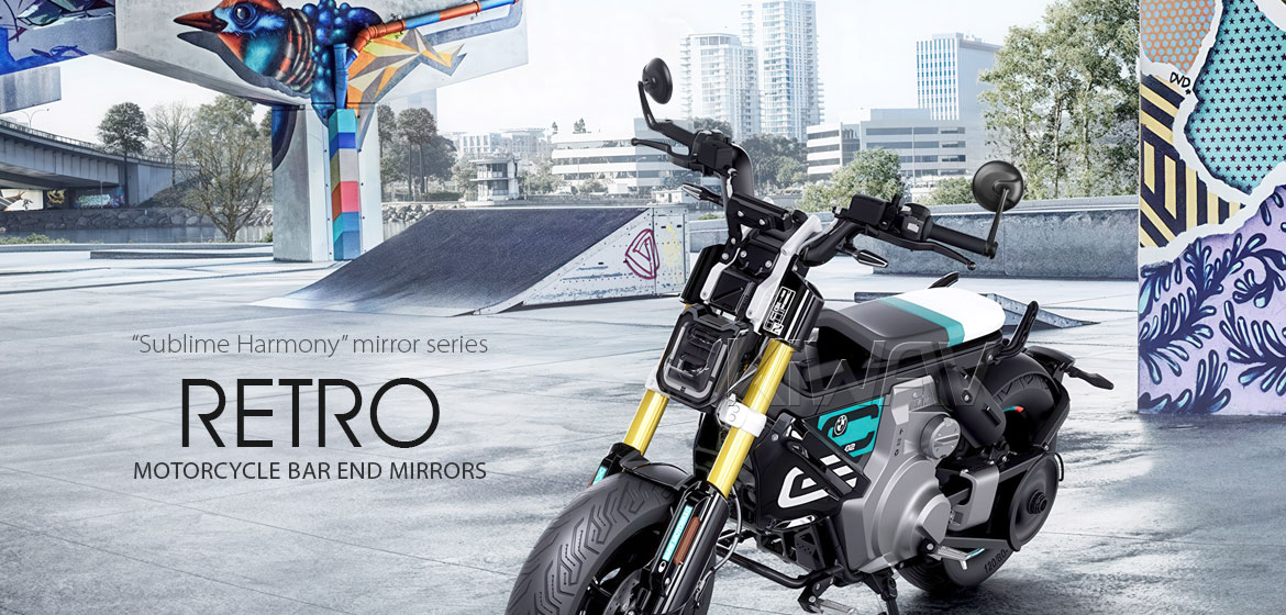KiWAV RetroHB black motorcycle bar end mirrors compatible for BMW M8 threaded handlebar