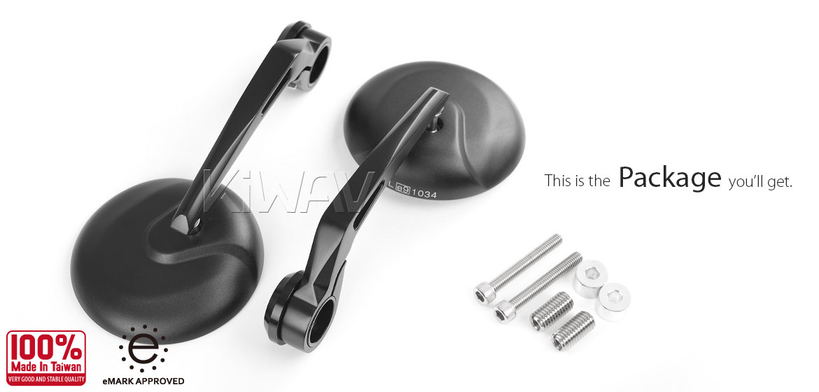 KiWAV RetroHB black motorcycle bar end mirrors compatible for BMW M10 threaded handlebar