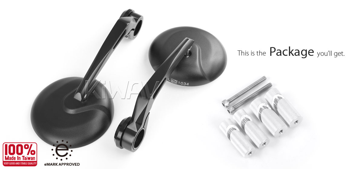 KiWAV RetroHB black motorcycle bar end mirrors for 1 inch hollow ended handlebars