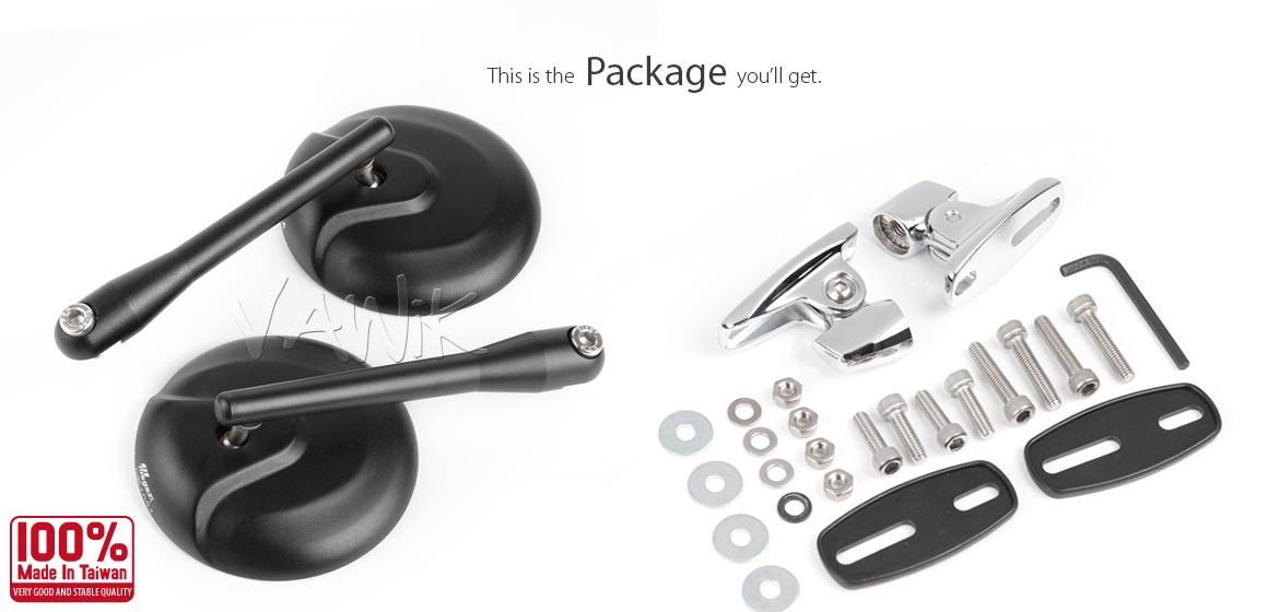 VAWiK mirrors black Retro round convex chrome base fits Kawasaki