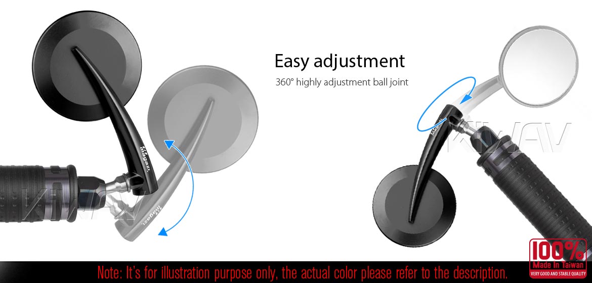 KiWAV extra convex round aluminum bar end mirror LH chrome universal fit for 7/8 inch, 1 inch hollow end handlebar motorcycles