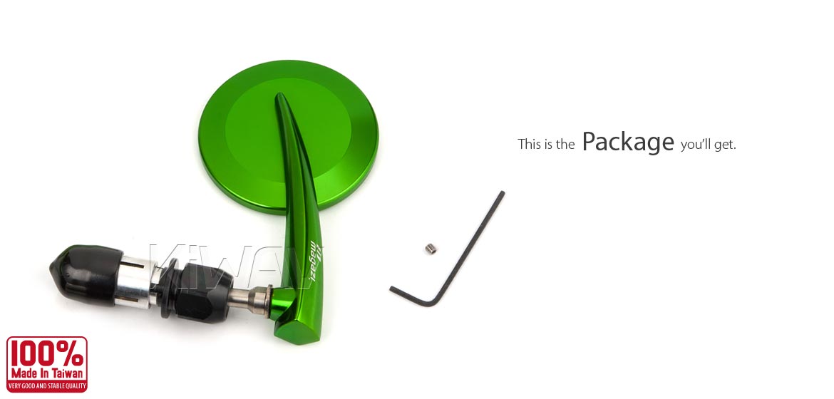 KiWAV extra convex round aluminum bar end mirror LH green universal fit for 7/8 inch, 1 inch hollow end handlebar motorcycles