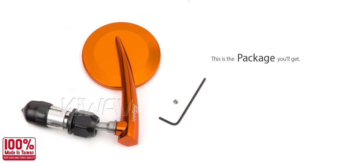 KiWAV extra convex round aluminum bar end mirror LH orange universal fit for 7/8 inch, 1 inch hollow end handlebar motorcycles