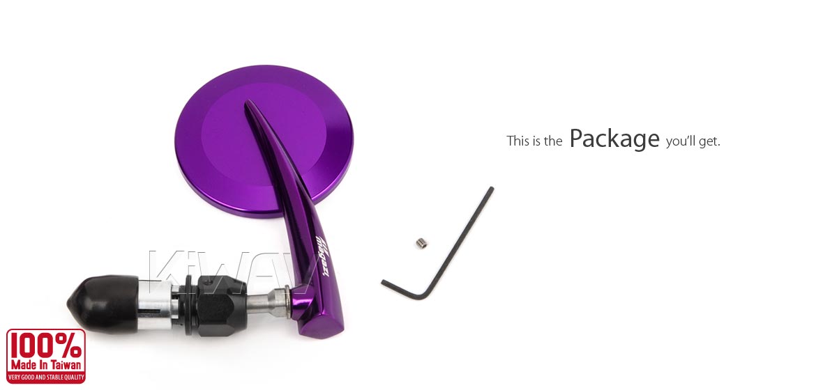 KiWAV extra convex round aluminum bar end mirror LH purple universal fit for 7/8 inch, 1 inch hollow end handlebar motorcycles