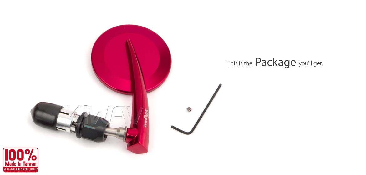 KiWAV extra convex round aluminum bar end mirror LH red universal fit for 7/8 inch, 1 inch hollow end handlebar motorcycles