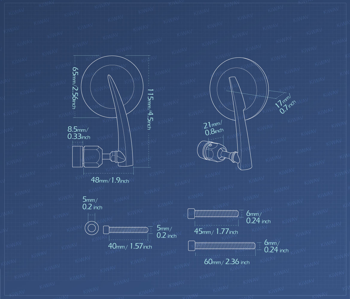 Measurement of KiWAV extra convex round aluminum bar end mirror LH compatible for Triumph air-cooled motorcycles