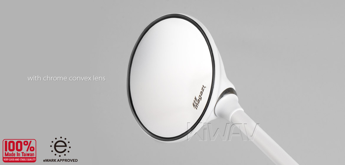 KiWAV Magazi Roundie steel motorcycle mirrors for Scooter white