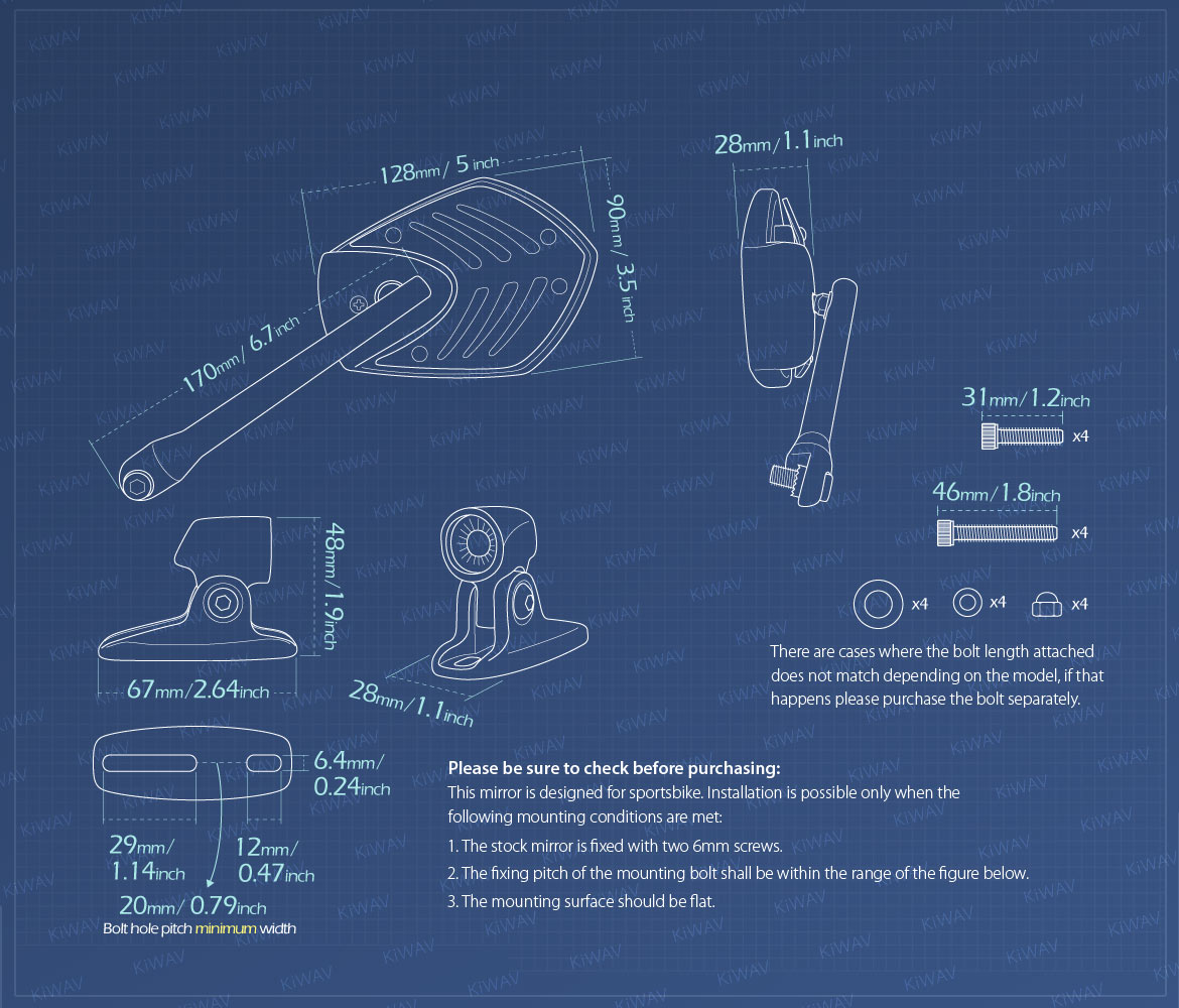 Measurement of KiWAV motorcycle mirrors Shield fairing mount motorcycle mirrors