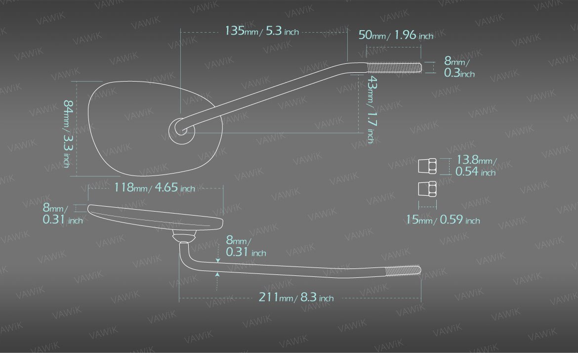 Measurement of VAWiK motorcycle mirrors Stan square Metric headlight ear mounted