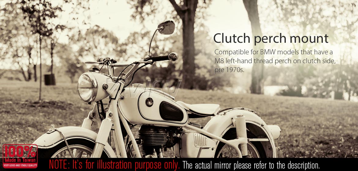Polished stainless steel Albert style replica rear view mirror LH clutch side perch mount compatible with BMW pre 1970s