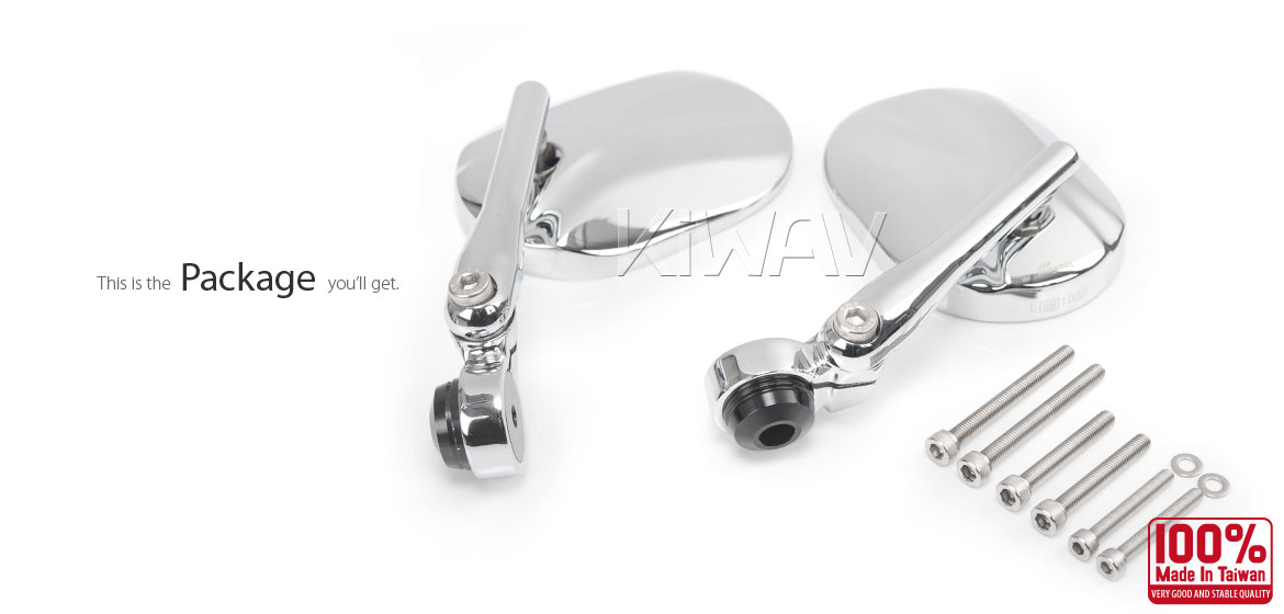 KiWAV motorcycle round bar end mirrors Stark chrome compatible for Triumph air-cooled models